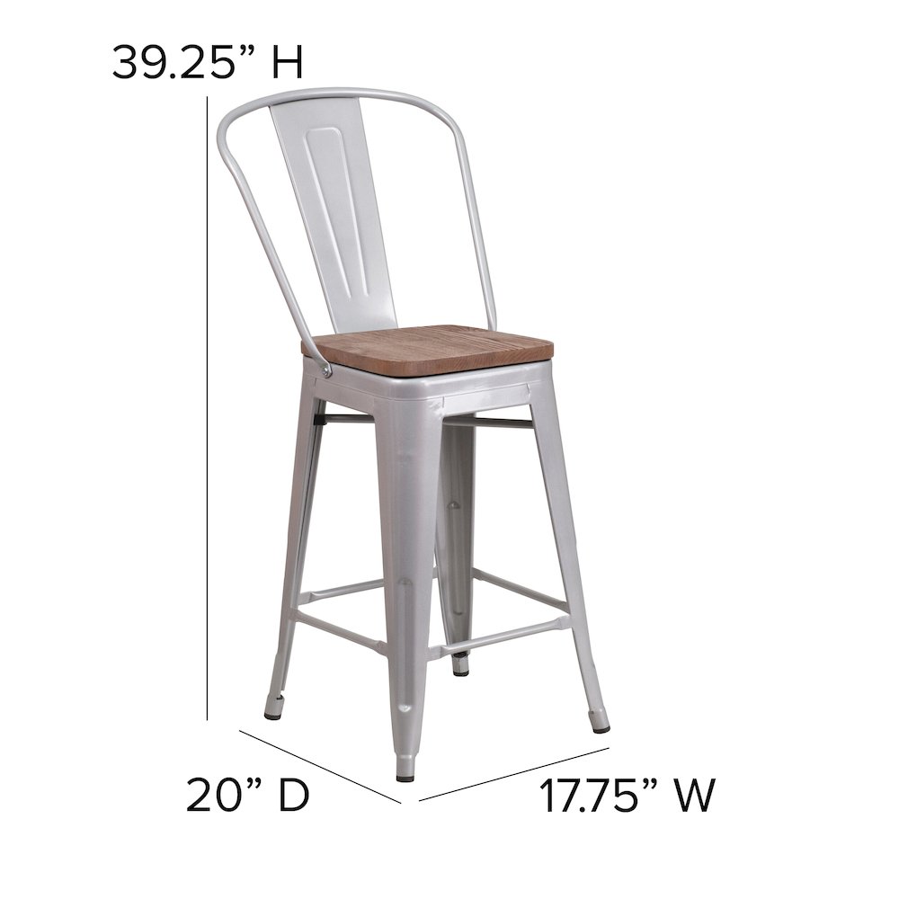24″ High Silver Metal Counter Height Stool with Back and Wood Seat