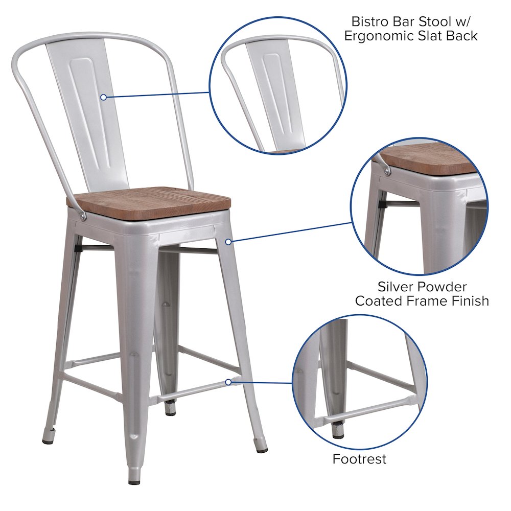 24″ High Silver Metal Counter Height Stool with Back and Wood Seat