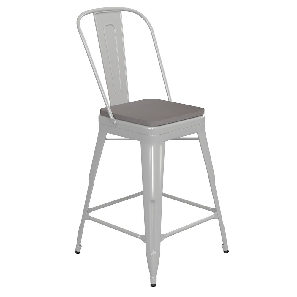 24″ High White Metal Indoor-Counter Height Stool with Removable Back