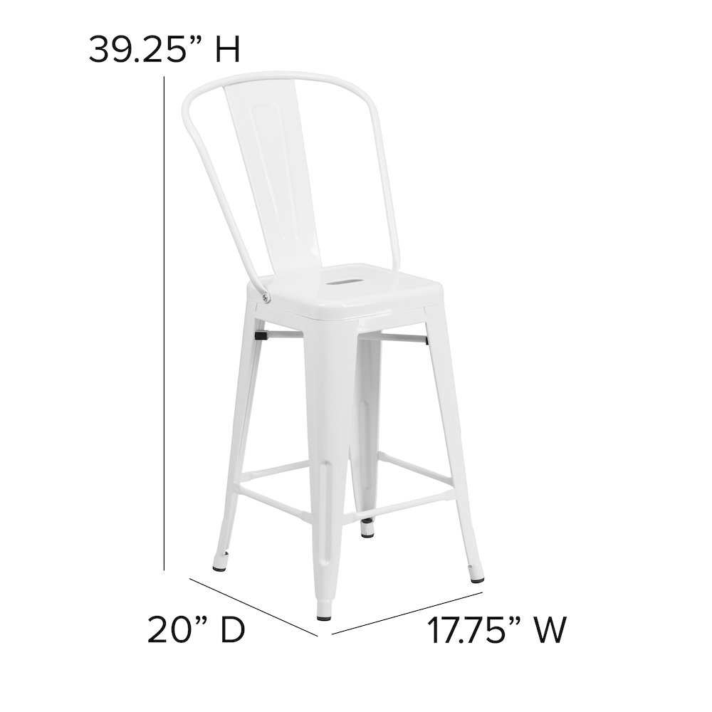 24″ High White Metal Indoor-Counter Height Stool with Removable Back