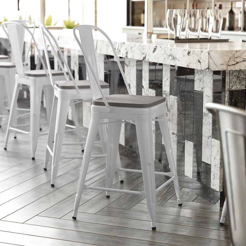 24″ High White Metal Indoor-Counter Height Stool with Removable Back