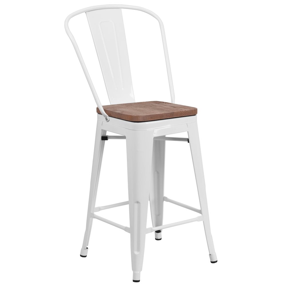 24″ High White Metal Counter Height Stool with Back and Wood Seat