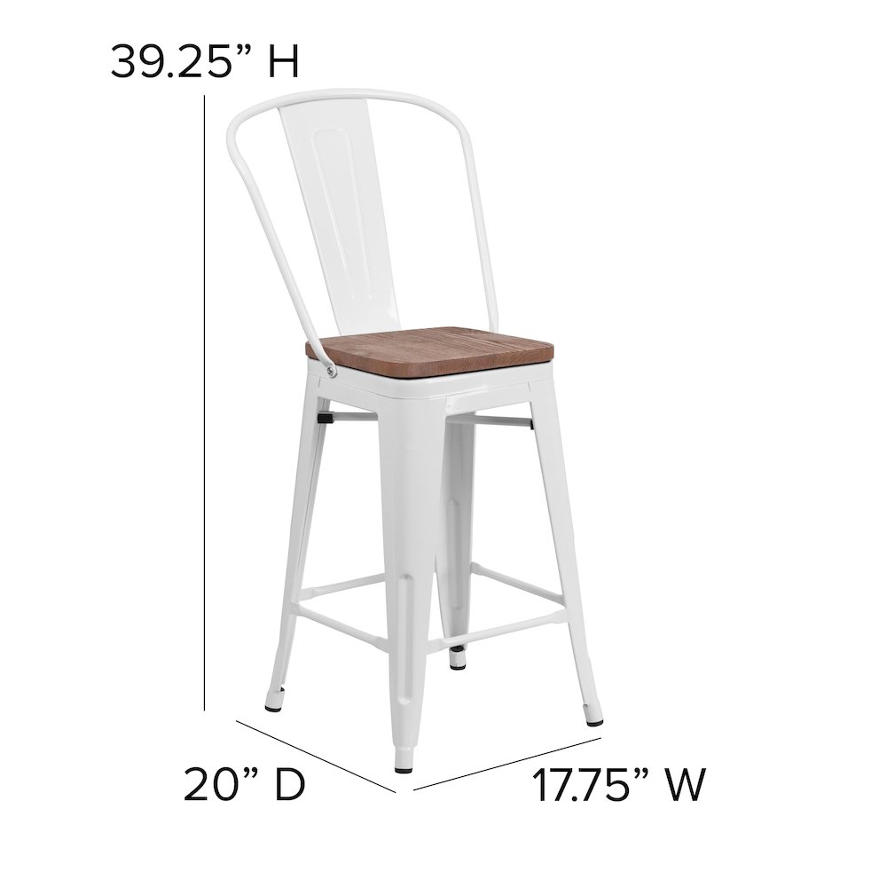 24″ High White Metal Counter Height Stool with Back and Wood Seat