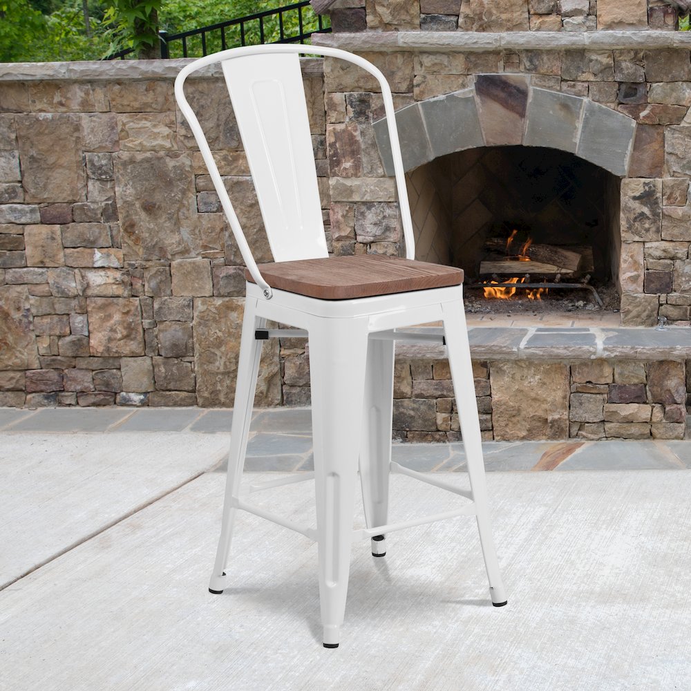 24″ High White Metal Counter Height Stool with Back and Wood Seat