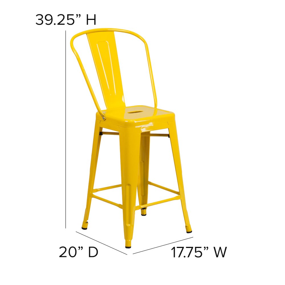 24″ High Yellow Metal Indoor-Counter Height Stool with Removable Back
