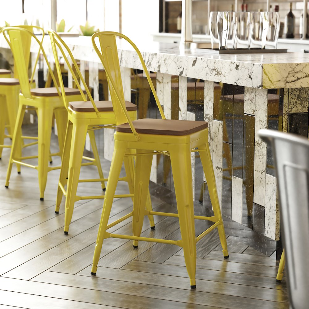 24″ High Yellow Metal Indoor-Counter Height Stool with Removable Back