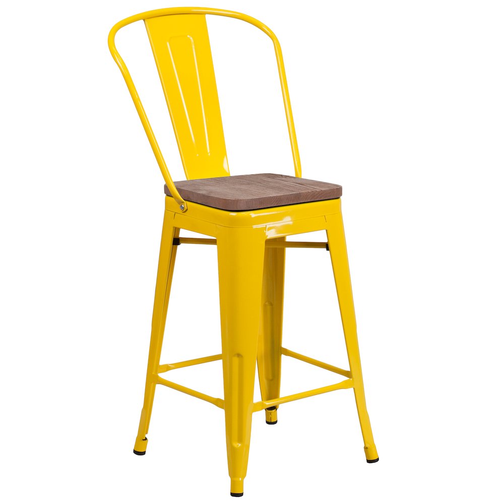 24″ High Yellow Metal Counter Height Stool with Back and Wood Seat