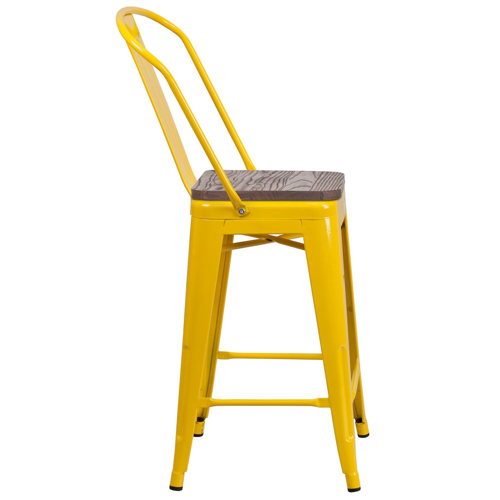 24″ High Yellow Metal Counter Height Stool with Back and Wood Seat