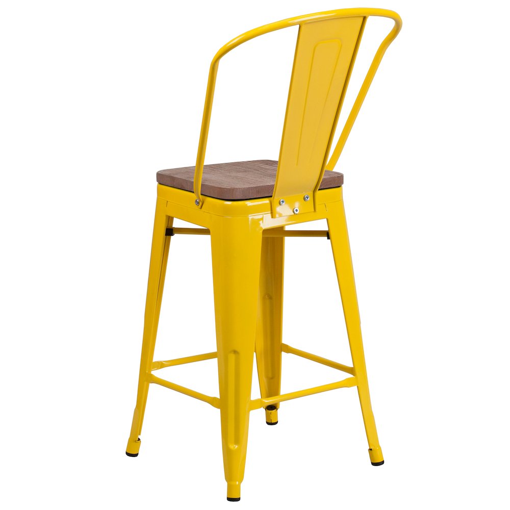 24″ High Yellow Metal Counter Height Stool with Back and Wood Seat