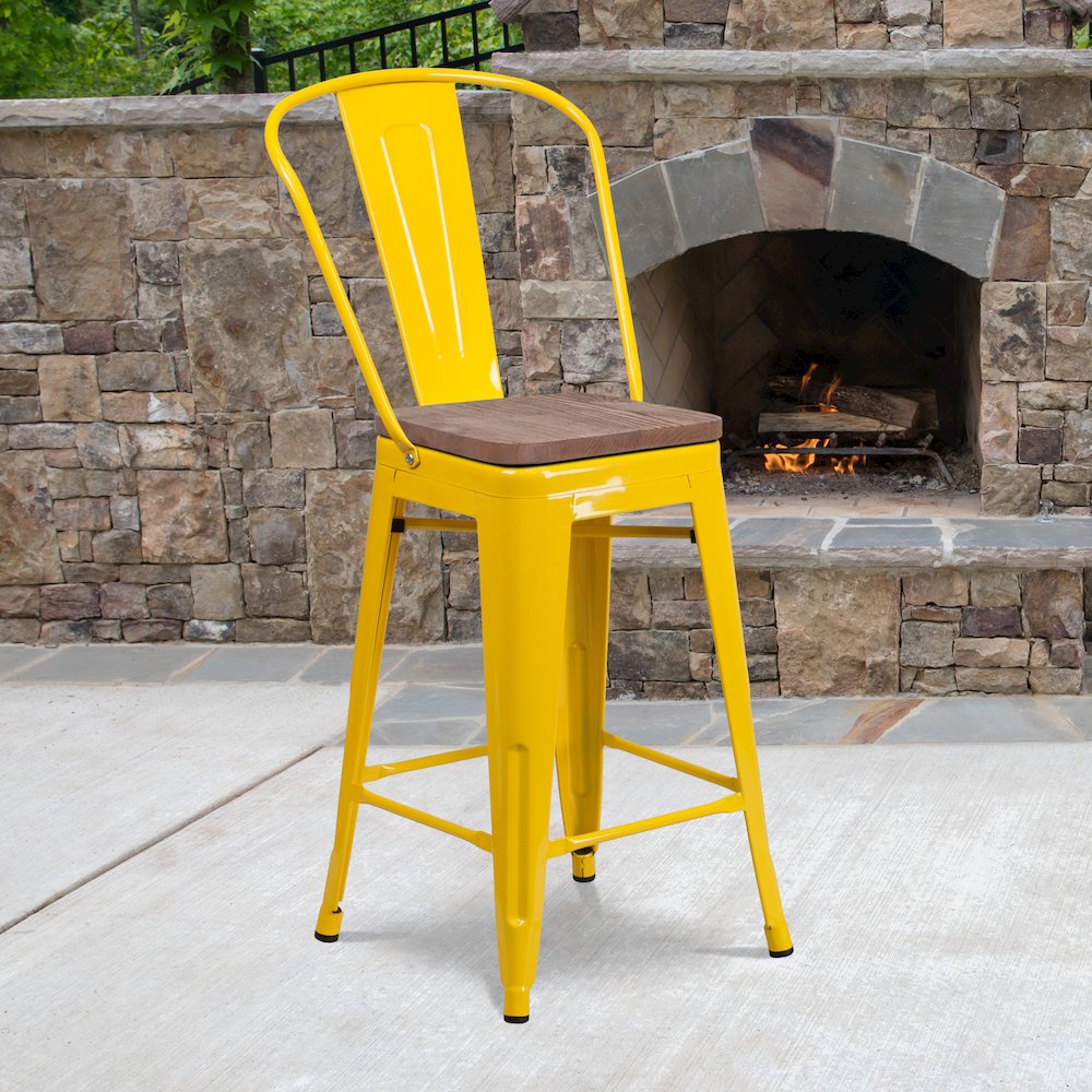 24″ High Yellow Metal Counter Height Stool with Back and Wood Seat