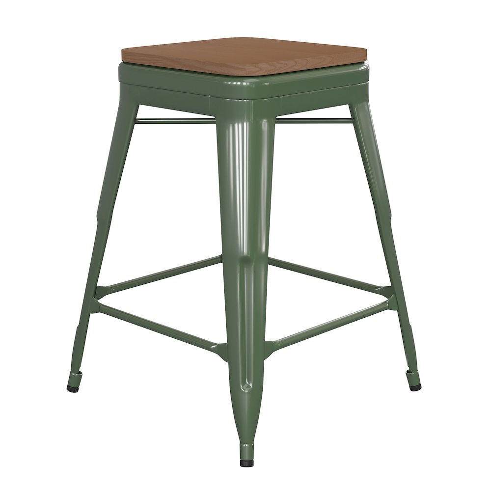 24″ High Green Metal Indoor-Counter Height Stool with Teak Poly Resin Wood Seat