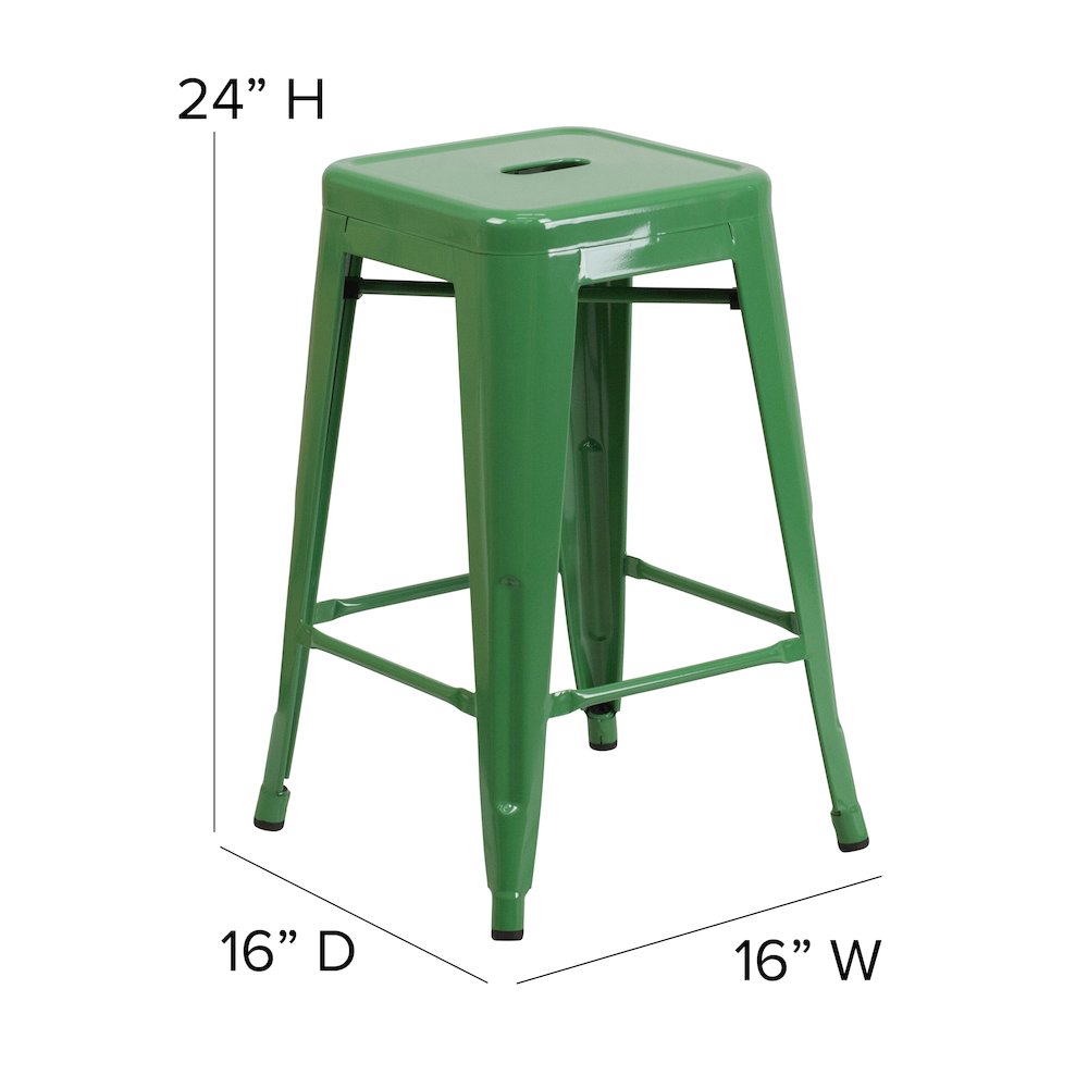 24″ High Green Metal Indoor-Counter Height Stool with Teak Poly Resin Wood Seat