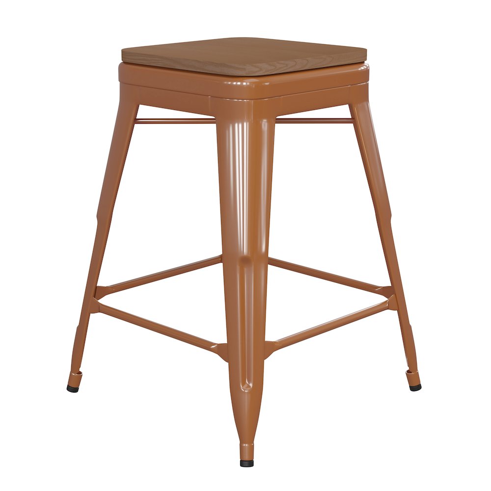 24″ High Orange Metal Indoor-Counter Height Stool with Teak Poly Resin Wood Seat