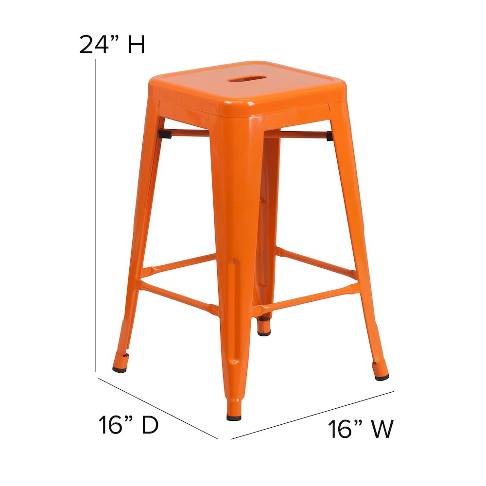24″ High Orange Metal Indoor-Counter Height Stool with Teak Poly Resin Wood Seat