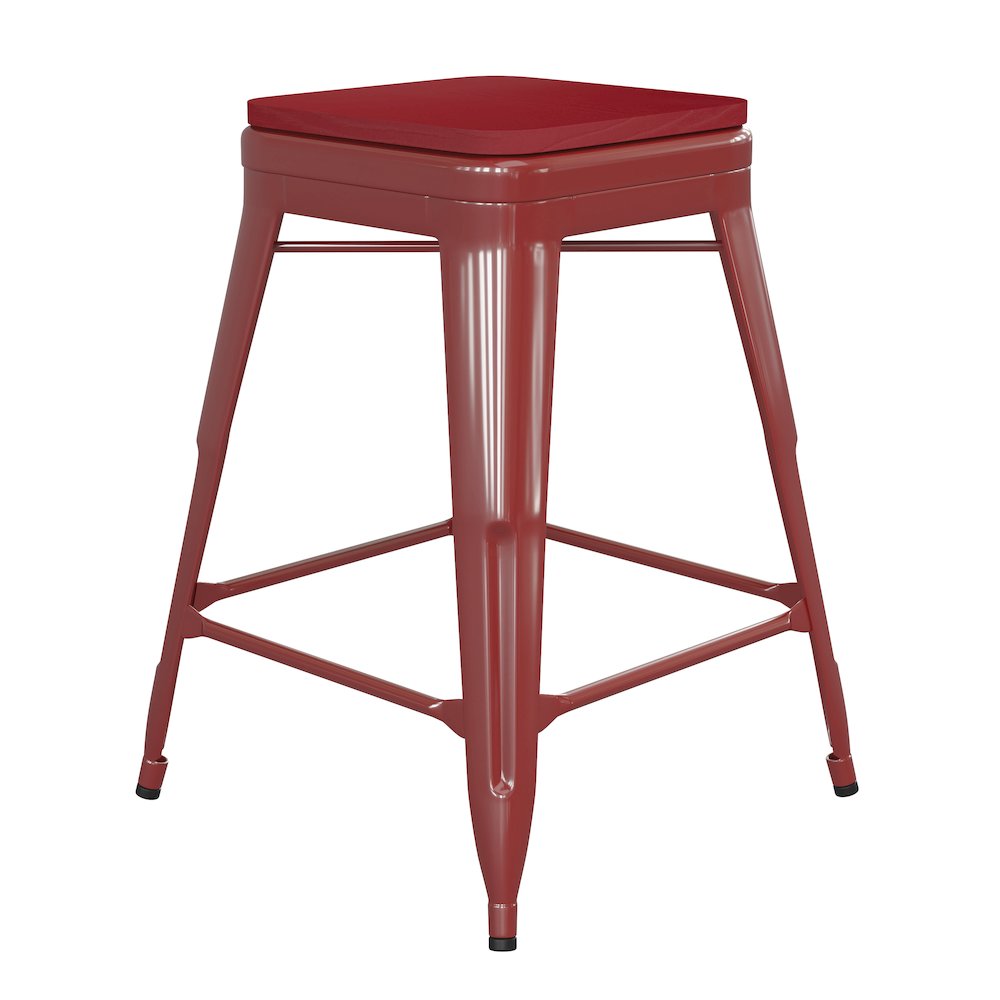 24″ High Red Metal Indoor-Counter Height Stool with Red Poly Resin Wood Seat
