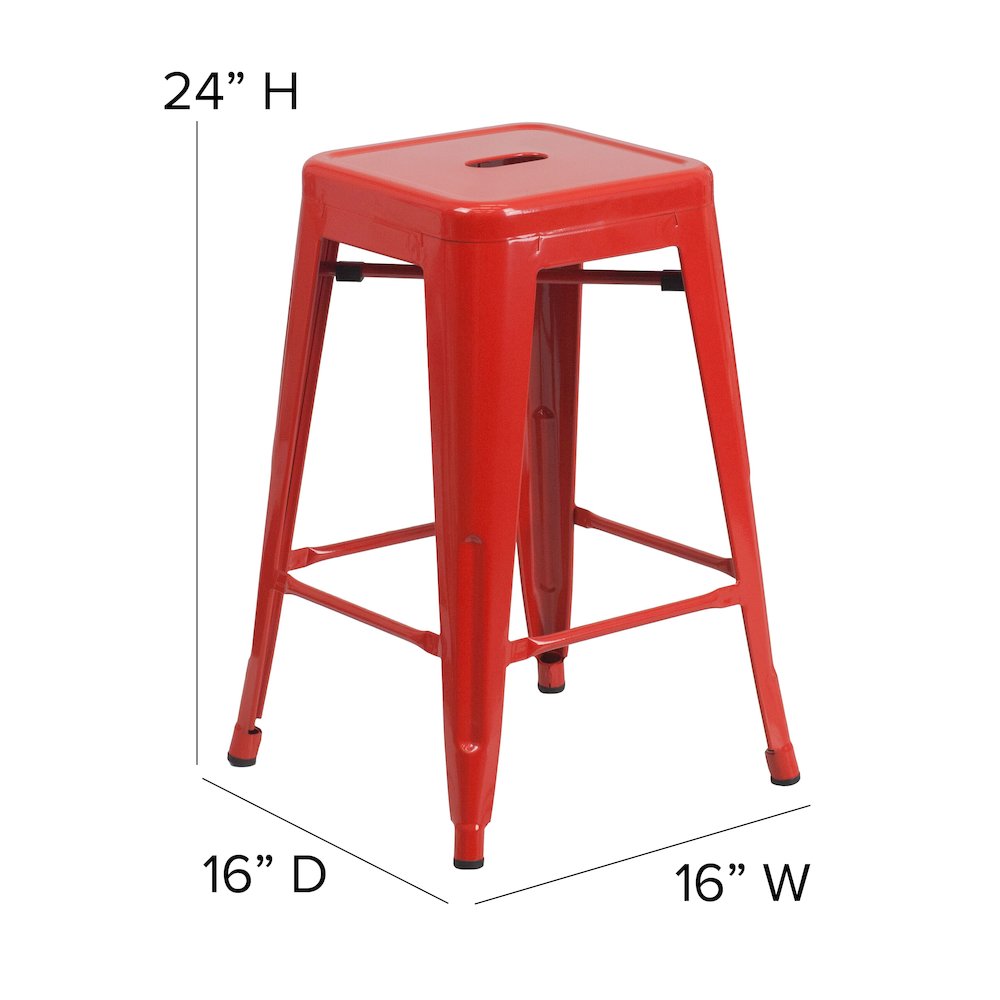 24″ High Red Metal Indoor-Counter Height Stool with Red Poly Resin Wood Seat