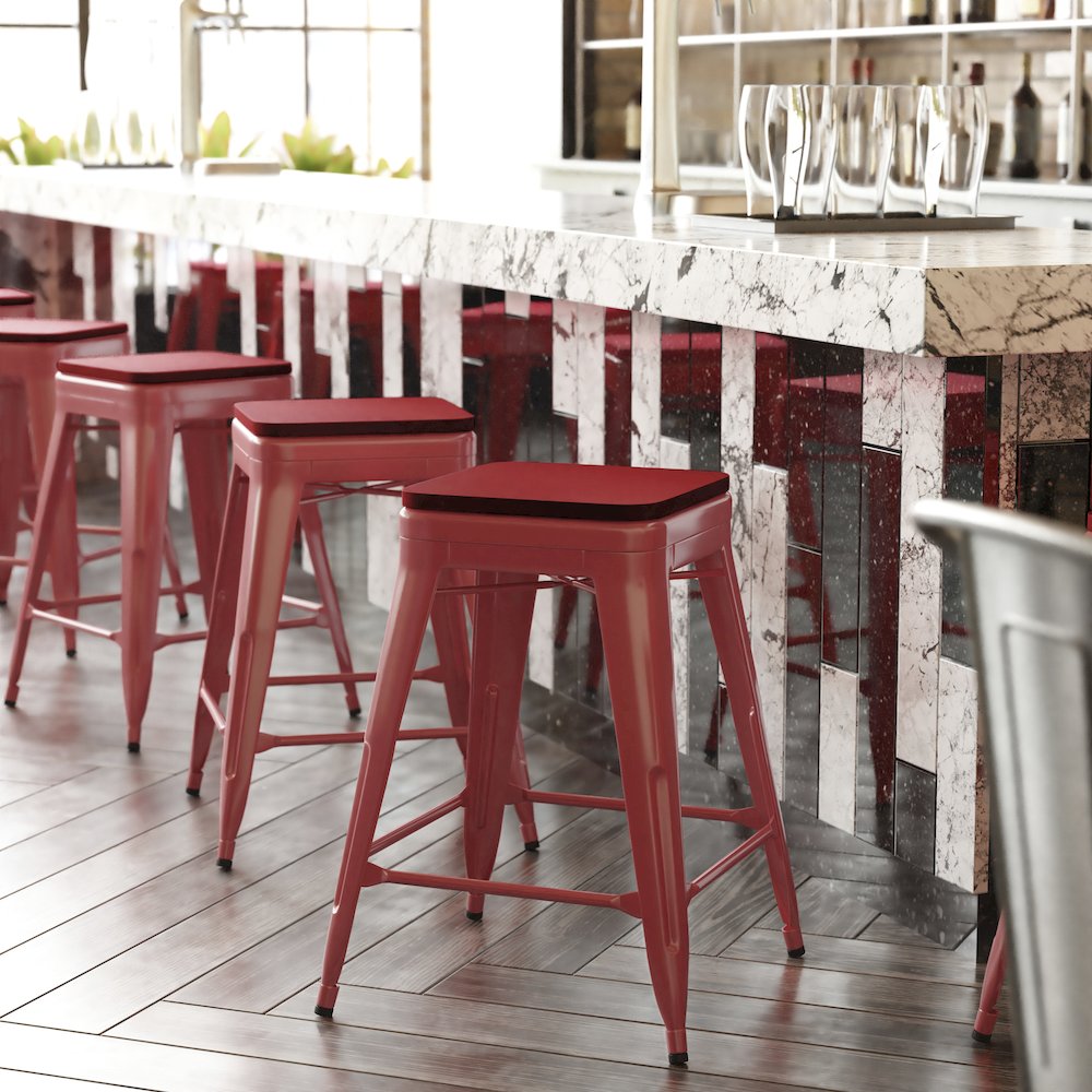 24″ High Red Metal Indoor-Counter Height Stool with Red Poly Resin Wood Seat
