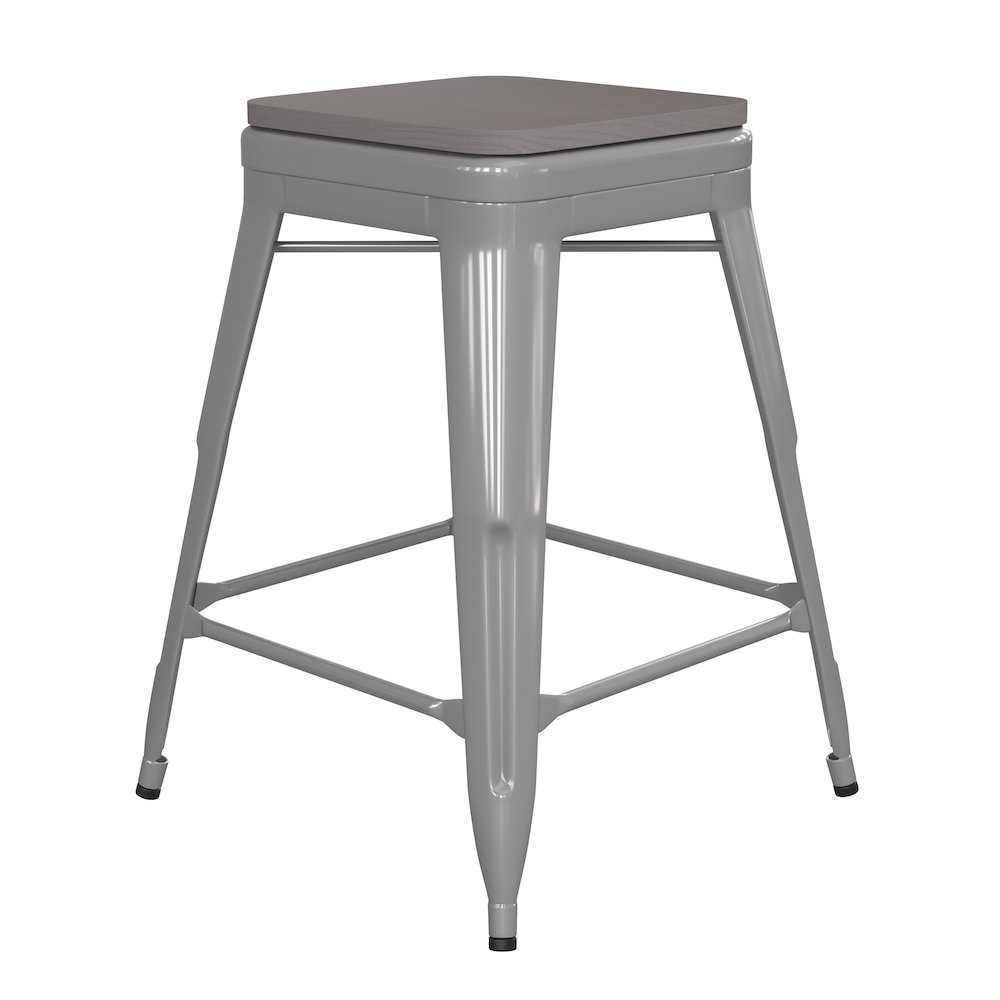 24″ High Silver Metal Indoor-Counter Height Stool with Gray Poly Resin Wood Seat