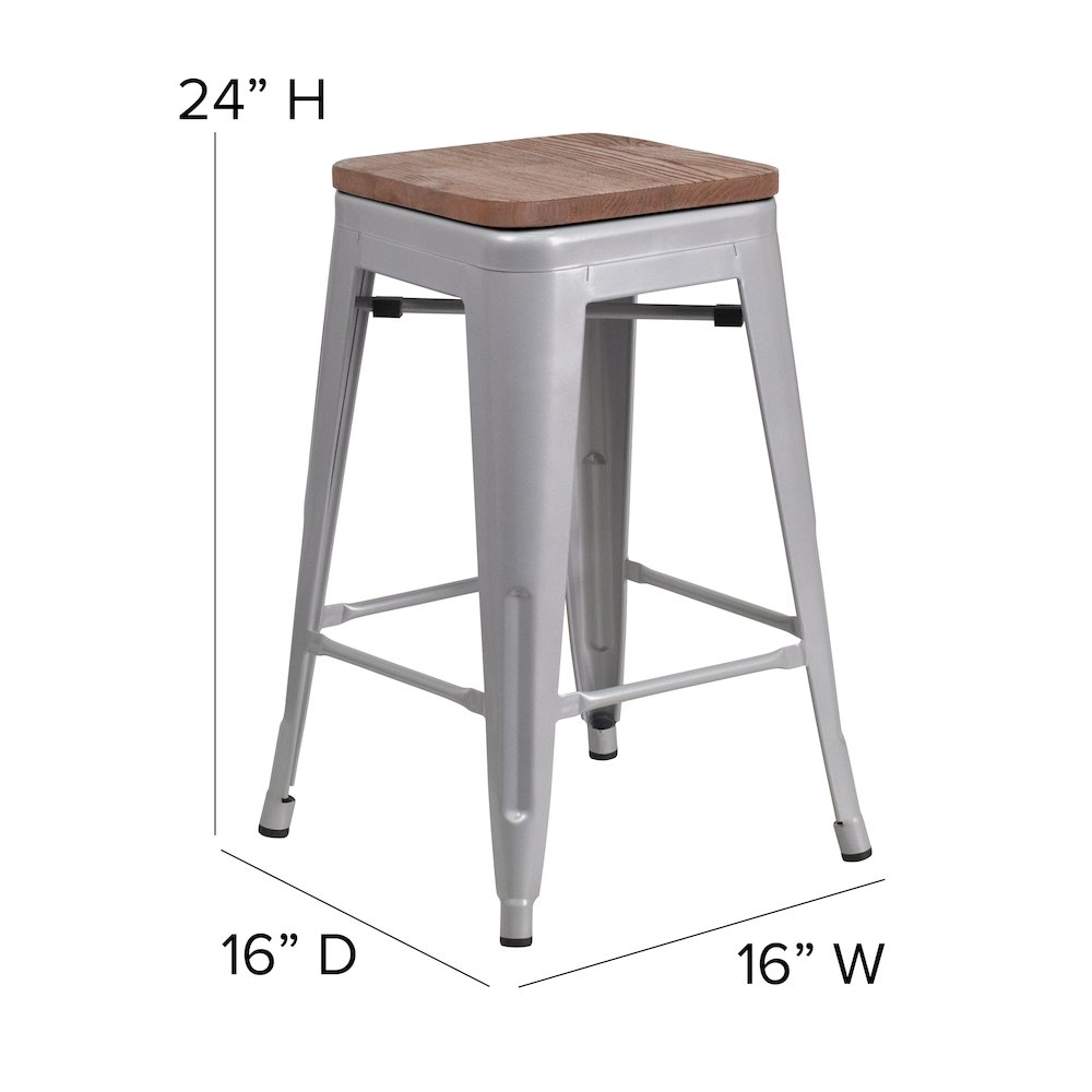 24″ High Silver Metal Indoor-Counter Height Stool with Gray Poly Resin Wood Seat