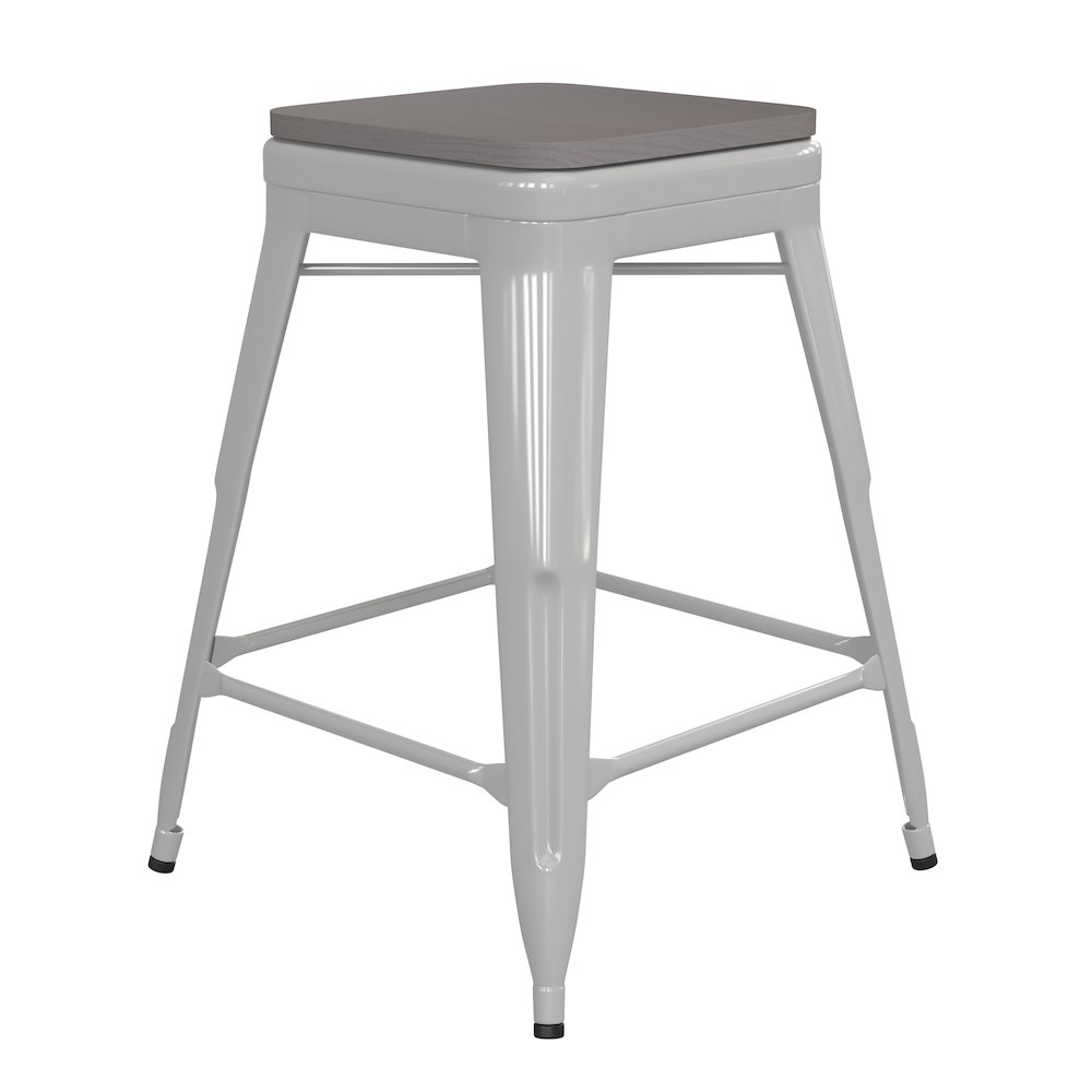 24″ High White Metal Indoor-Counter Height Stool with Gray Poly Resin Wood Seat