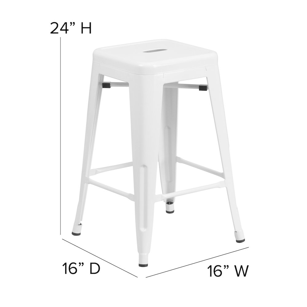 24″ High White Metal Indoor-Counter Height Stool with Gray Poly Resin Wood Seat