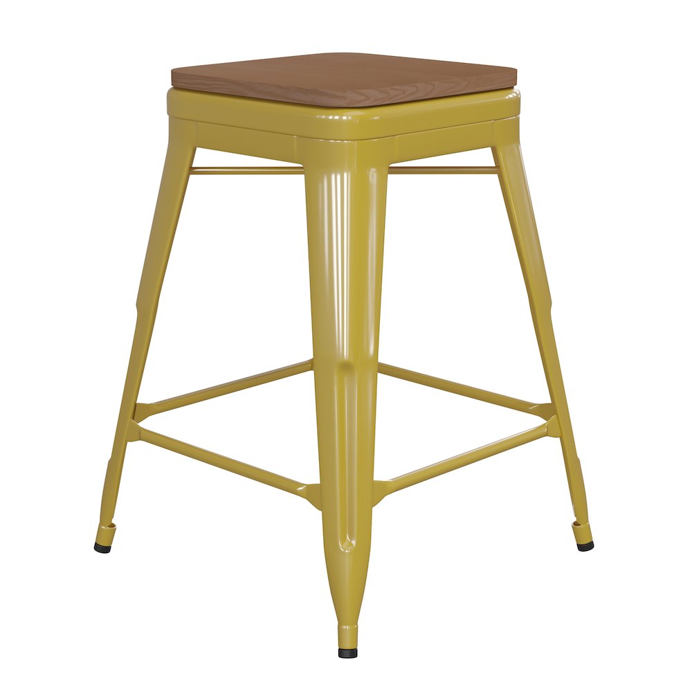 24″ High Yellow Metal Indoor-Counter Height Stool with Teak Poly Resin Wood Seat