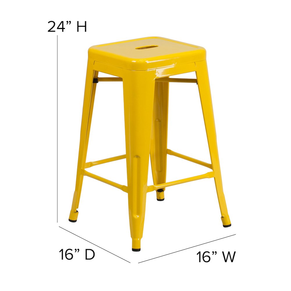 24″ High Yellow Metal Indoor-Counter Height Stool with Teak Poly Resin Wood Seat