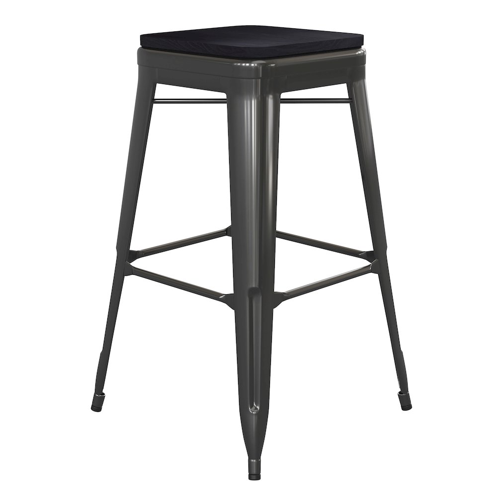 30″ High Black Metal Indoor-Outdoor Barstool with Black Poly Resin Wood Seat
