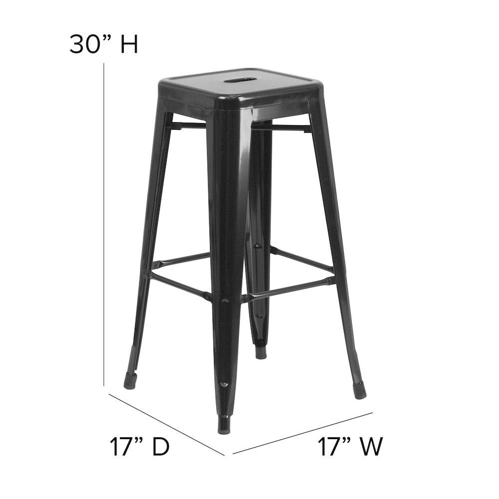 30″ High Black Metal Indoor-Outdoor Barstool with Black Poly Resin Wood Seat