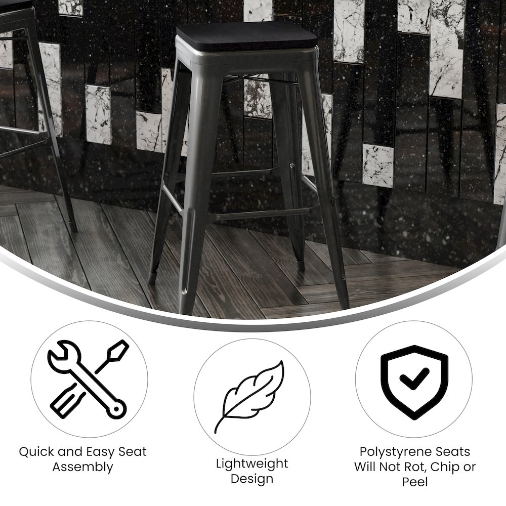 30″ High Black Metal Indoor-Outdoor Barstool with Black Poly Resin Wood Seat