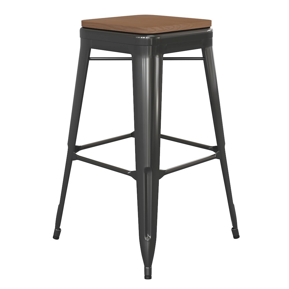 30″ High Black Metal Indoor-Outdoor Barstool with Teak Poly Resin Wood Seat