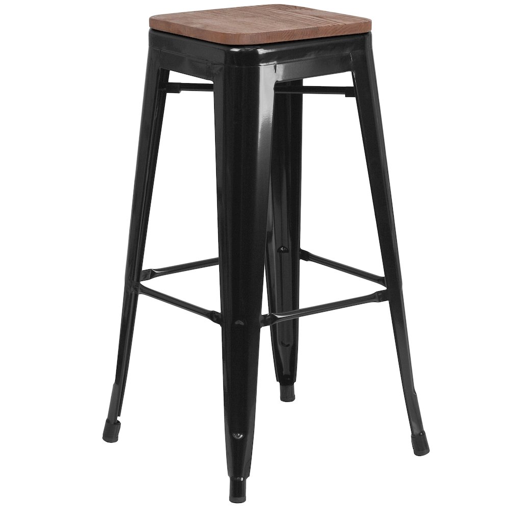 30″ High Backless Black Metal Barstool with Square Wood Seat
