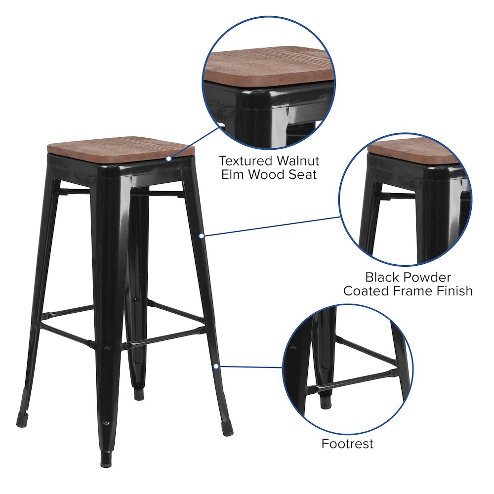 30″ High Backless Black Metal Barstool with Square Wood Seat