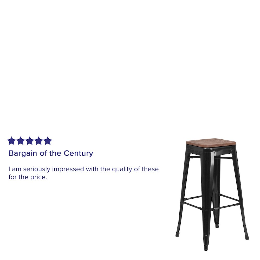 30″ High Backless Black Metal Barstool with Square Wood Seat