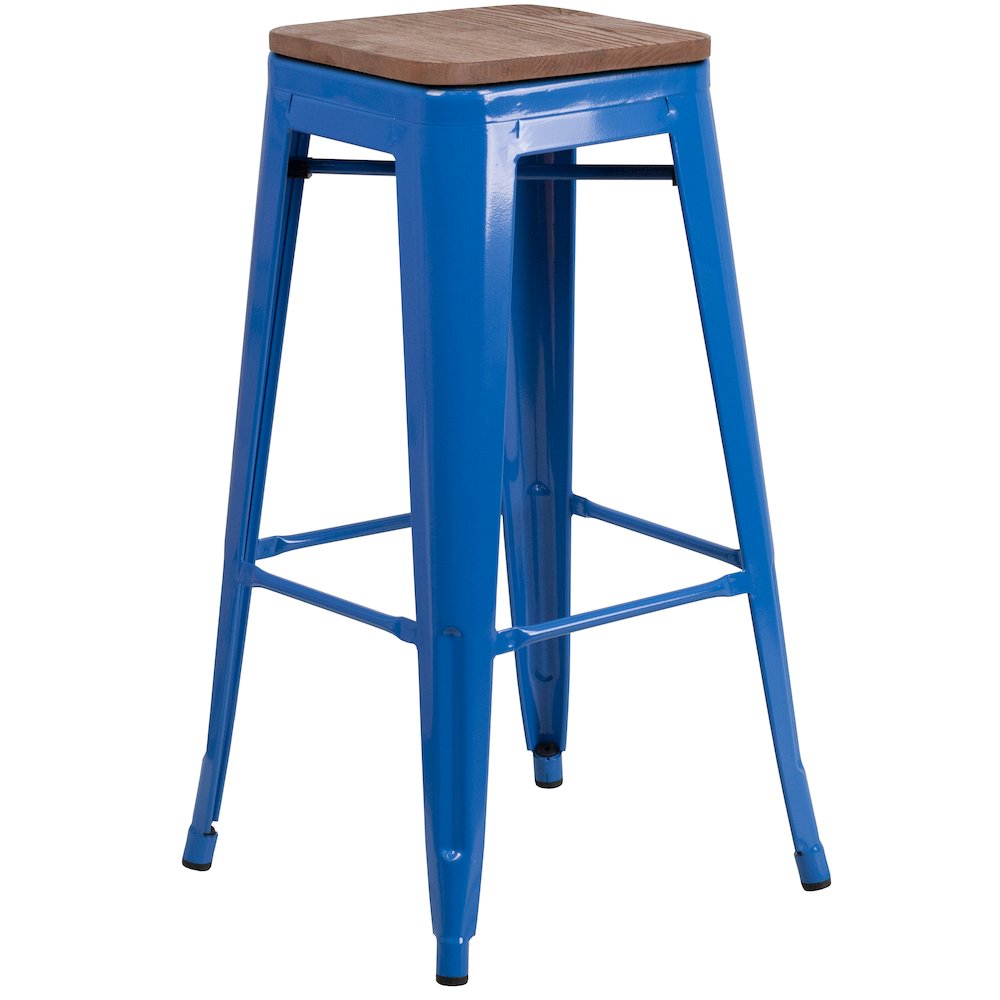 30″ High Backless Blue Metal Barstool with Square Wood Seat
