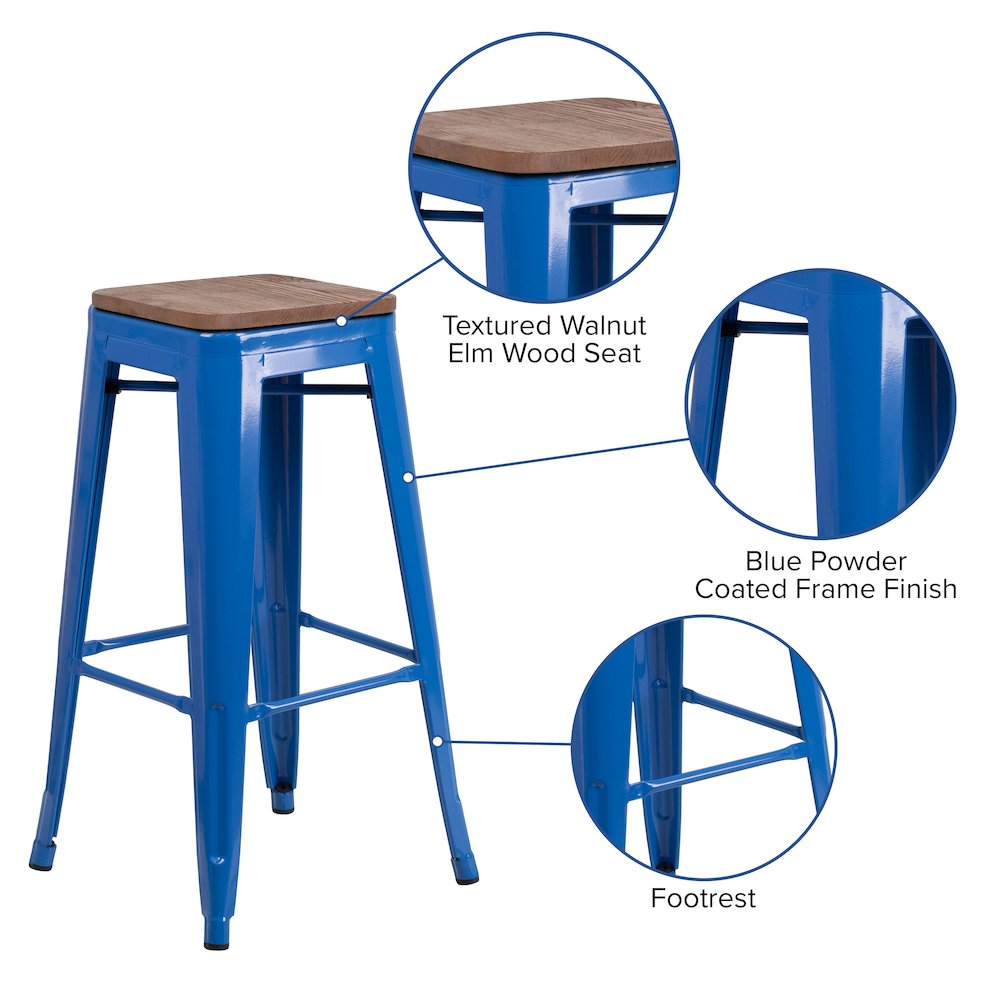 30″ High Backless Blue Metal Barstool with Square Wood Seat