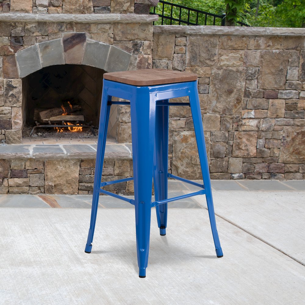 30″ High Backless Blue Metal Barstool with Square Wood Seat