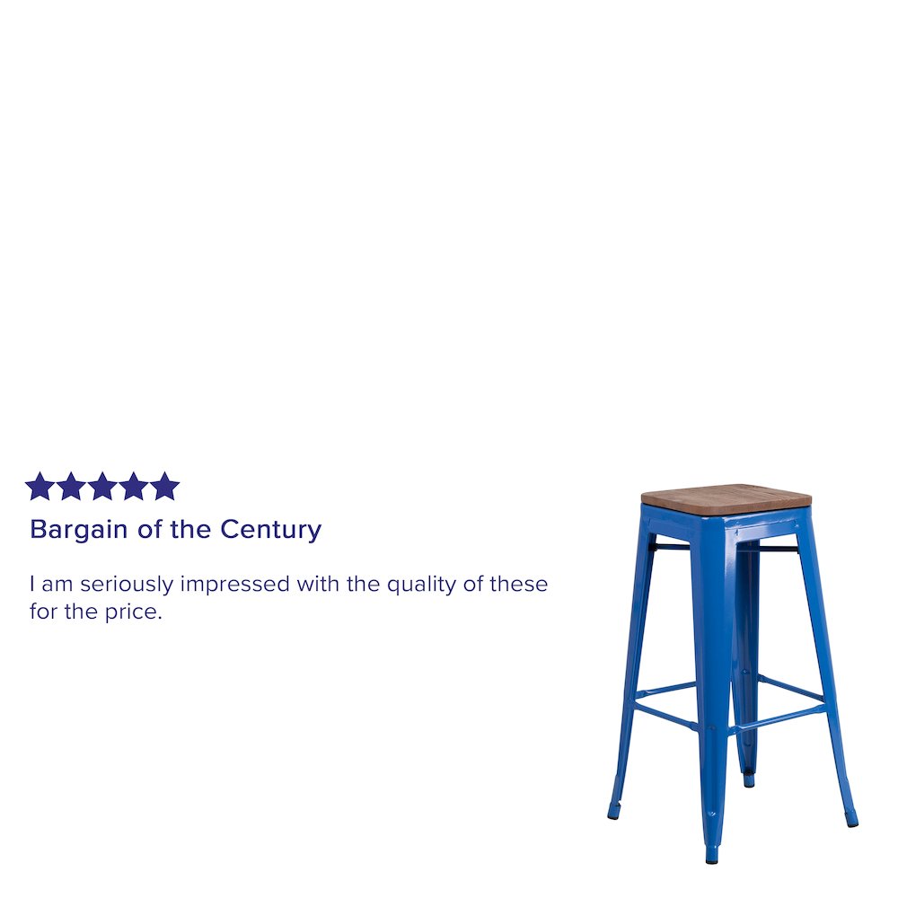 30″ High Backless Blue Metal Barstool with Square Wood Seat