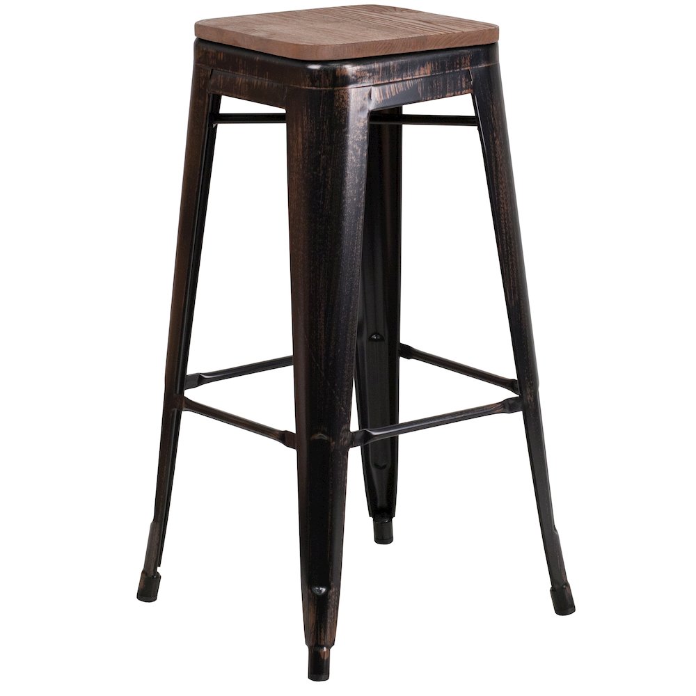 30″ High Backless Black-Antique Gold Metal Barstool with Square Wood Seat