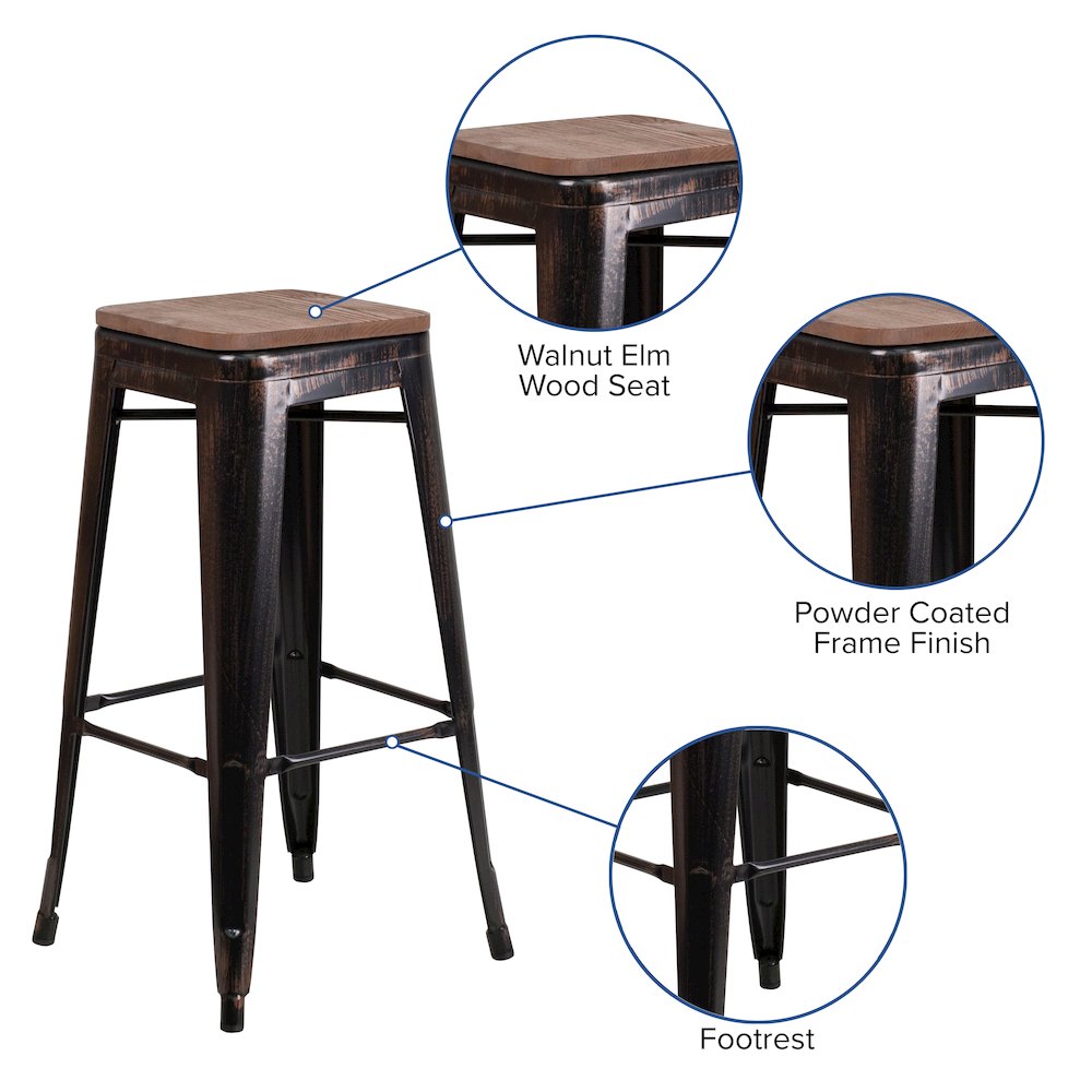 30″ High Backless Black-Antique Gold Metal Barstool with Square Wood Seat