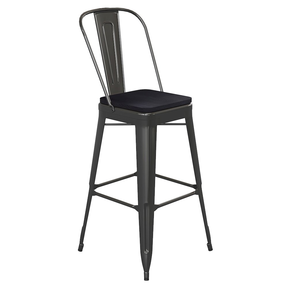 30″ High Black Metal Bar Height Stool with Black All-Weather Poly Resin Seat