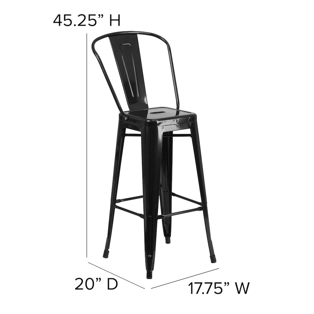 30″ High Black Metal Bar Height Stool with Black All-Weather Poly Resin Seat