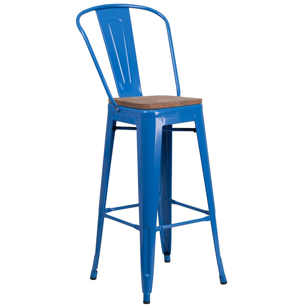 30″ High Blue Metal Barstool with Back and Wood Seat