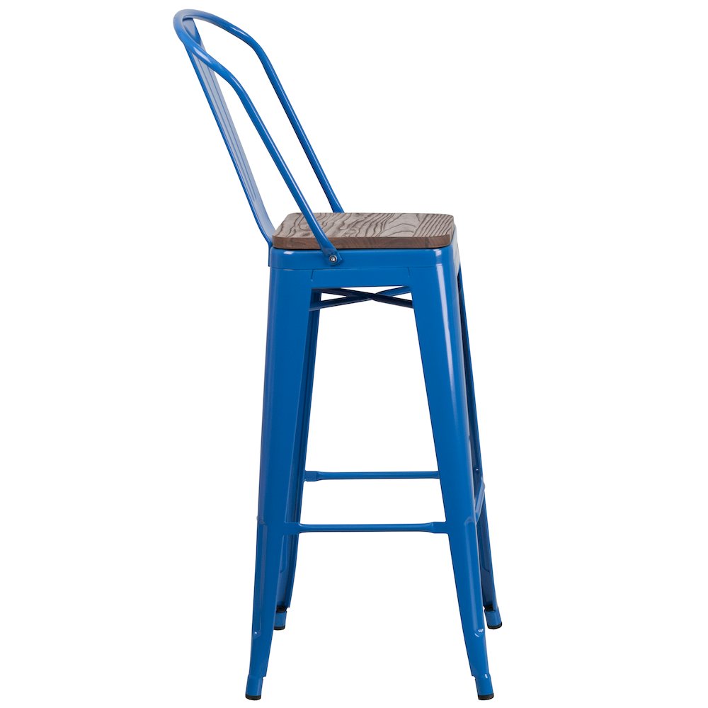 30″ High Blue Metal Barstool with Back and Wood Seat