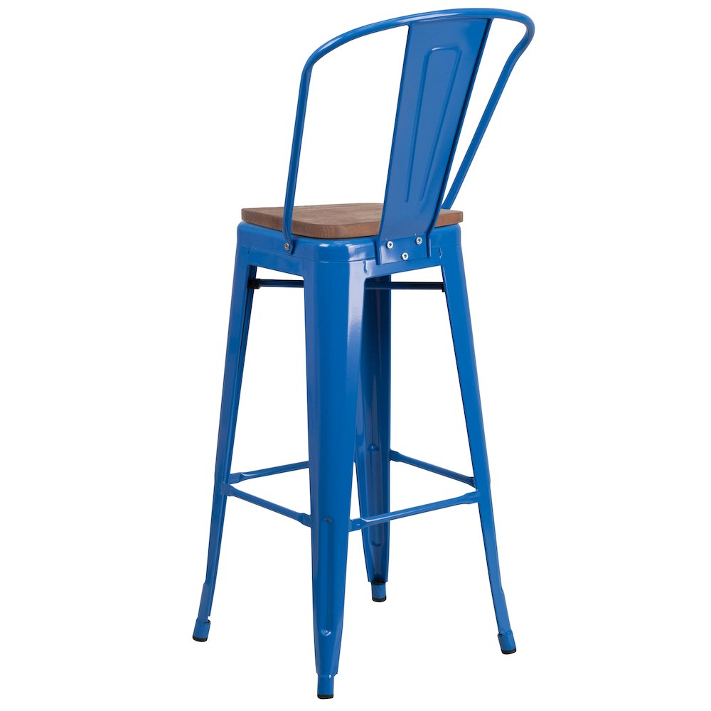 30″ High Blue Metal Barstool with Back and Wood Seat