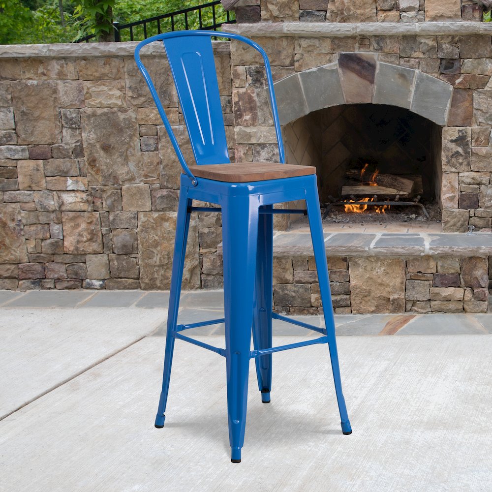 30″ High Blue Metal Barstool with Back and Wood Seat