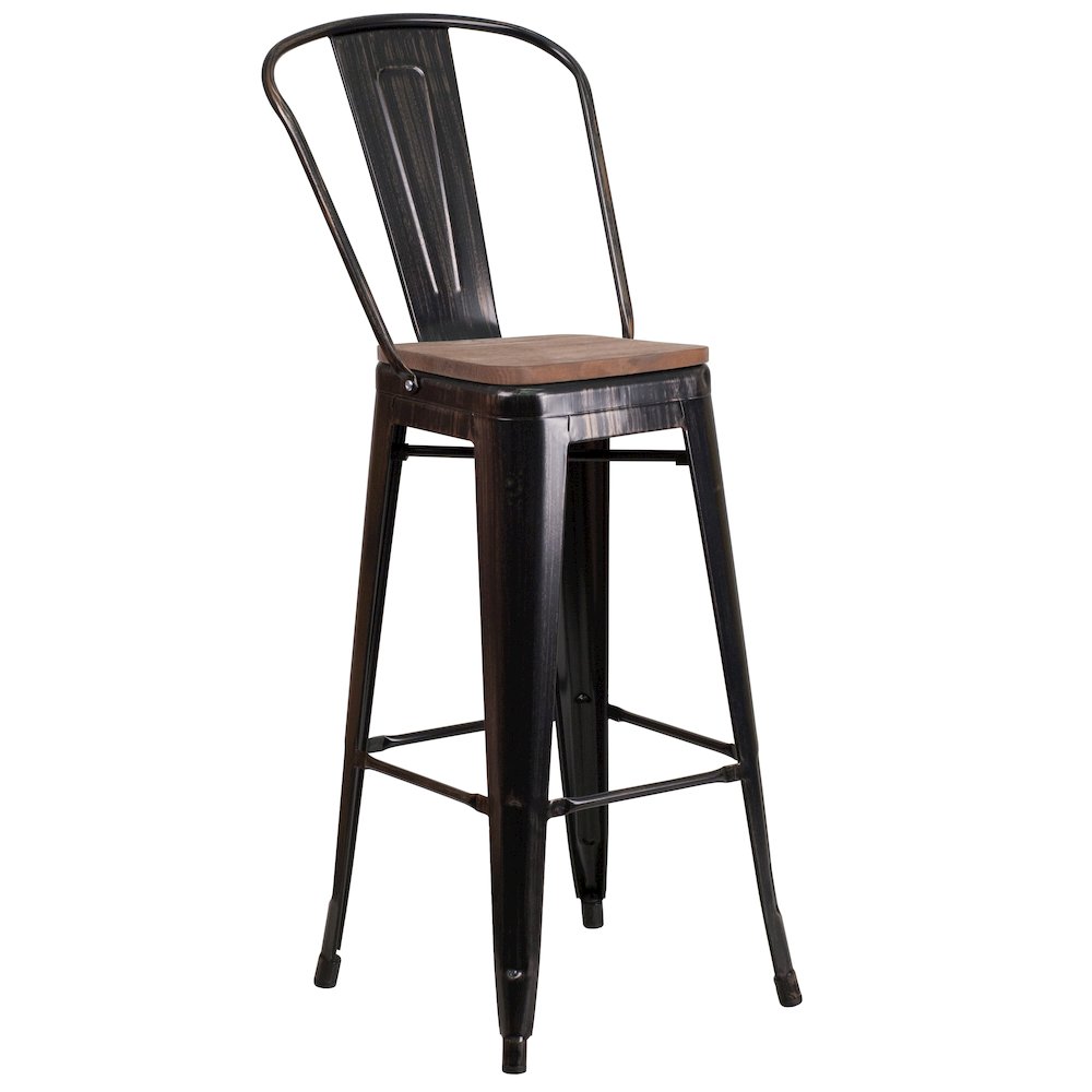 30″ High Black-Antique Gold Metal Barstool with Back and Wood Seat