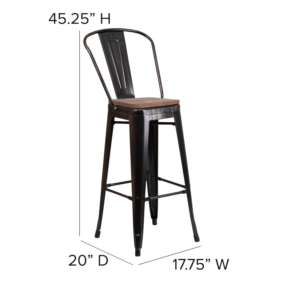 30″ High Black-Antique Gold Metal Barstool with Back and Wood Seat