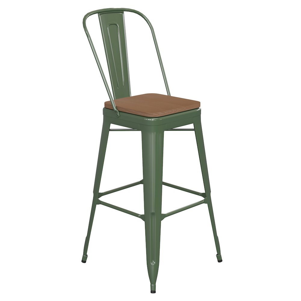 30″ High Green Metal Bar Height Stool with Teak All-Weather Poly Resin Seat