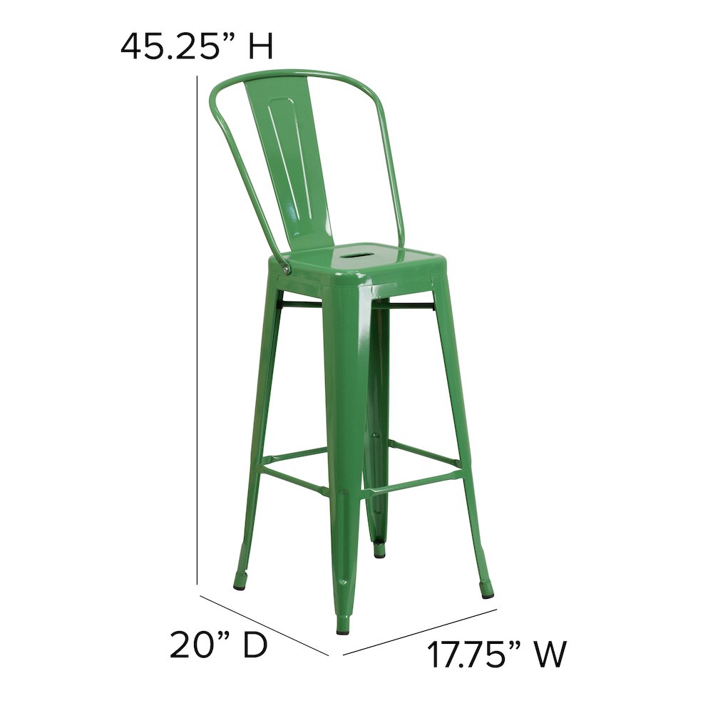 30″ High Green Metal Bar Height Stool with Teak All-Weather Poly Resin Seat